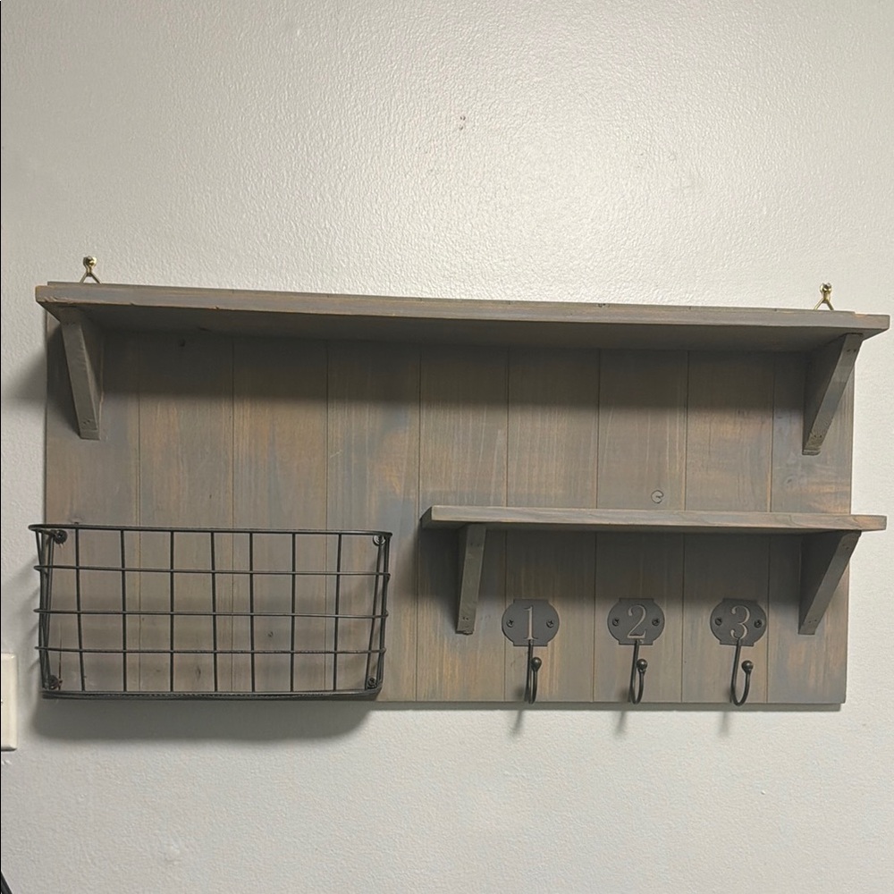 Rustic Wall Shelf with Hooks and Basket